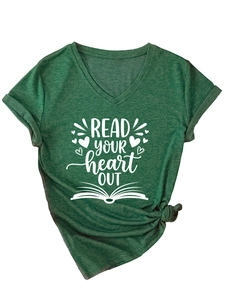 Detail view of V-neck dark green T-shirt with 'READ YOUR heart OUT' slogan and knot design