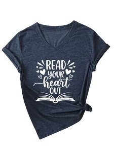 Detail of V-neck T-shirt with 'READ YOUR heart OUT' print and stylish front knot design