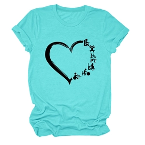 Detail shot of a teal crew neck T-shirt featuring a heart-shaped physical therapy graphic