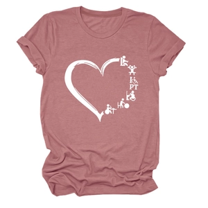 Detail of crew neck t-shirt featuring a white heart PT graphic on dusty rose fabric