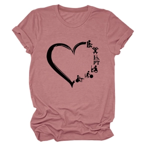Detail of dusty rose T-shirt fabric with heart graphic featuring physical therapy icons