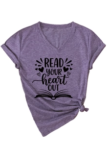 Detail of V-neck short sleeve T-shirt with front knot hem and literary print