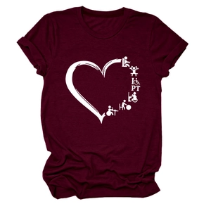 Detail of burgundy T-shirt showing round neck and PT theme heart graphic print
