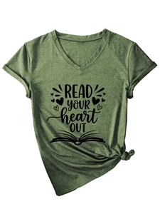 Detail of V-neck dark green T-shirt featuring 'READ YOUR HEART OUT' text and book print