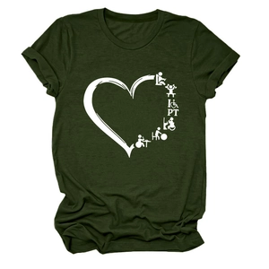 Detail of army green crewneck T-shirt featuring a unique white heart physical therapy graphic