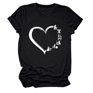Detailed view of women's black round neck T-shirt with white heart PT medical print
