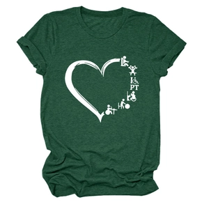 Detail of physical therapy heart print on a dark green crew neck cotton t-shirt