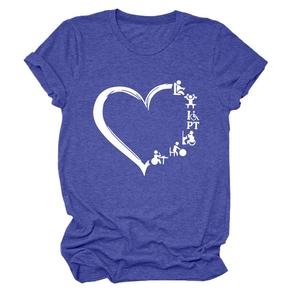 Close-up of heather blue t-shirt featuring white physical therapy heart graphic print