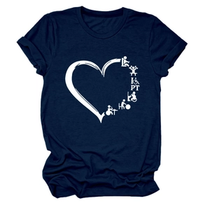 Close-up of heart print with PT physical therapy icons on navy blue round neck t-shirt