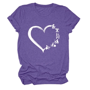 Detail of purple crew neck T-shirt featuring a heart and Physical Therapy PT print
