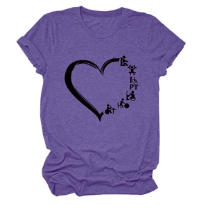 Detail of purple heather knit t-shirt with black Physical Therapy heart icon print