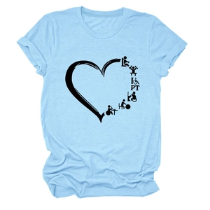 Detail of sky blue cotton T-shirt featuring a heart-shaped physical therapy graphic