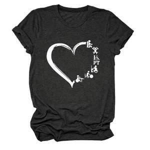 Detail of grey crew neck t-shirt featuring a white heart with PT medical icons