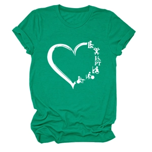 Detailed close-up of green crew neck T-shirt with white PT heart graphic print