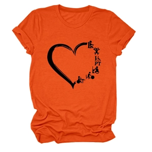 Detail of soft orange crew neck t-shirt featuring black Physical Therapy heart graphic