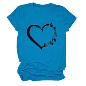 Detail of light blue crew neck T-shirt featuring a unique I Heart PT graphic print
