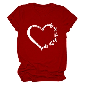 Red crew neck T-shirt with heart graphic and physical therapy PT icon design