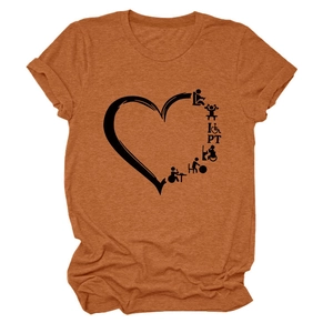 Close-up of orange cotton T-shirt featuring a PT heart graphic with therapy icons