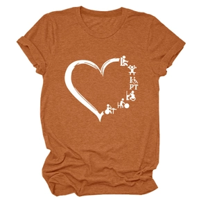 Detailed close-up of rust orange T-shirt with heart graphic and PT physical therapy icons