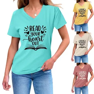 Women V Neck Short Sleeve T-Shirt Read Your Heart Out Print Cotton Blend Casual Loose Hem Knot Graphic Tee Top