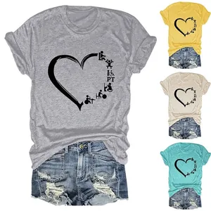 Women T-Shirt Round Neck Short Sleeve Cotton Blend Physiotherapy Heart PT Icon Print Casual Novelty Top