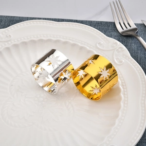 Polished hollow snowflake napkin rings in gold and silver finish for festive table decor