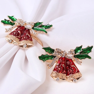 Christmas Napkin Rings Alloy Red Bells Enamel Bowknot Rhinestone Napkin Buckles For Holiday Party Table Decor