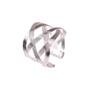 Silver woven metal napkin ring with hollow geometric grid design and open structure