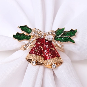 Christmas double bell napkin ring with red enamel, green leaves and rhinestone bow decoration