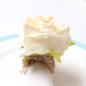 Handmade cream rose napkin ring with wooden circle and hemp rope bow decoration