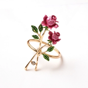 Pink enamel rose flower napkin ring with gold alloy band and crystal accent for table decor