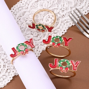 Christmas Napkin Ring JOY Letter Zinc Alloy Enamel Wreath With Rhinestone Holiday Table Decor