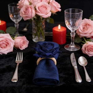 Deep blue handmade rose napkin ring with woven band for elegant wedding table decor