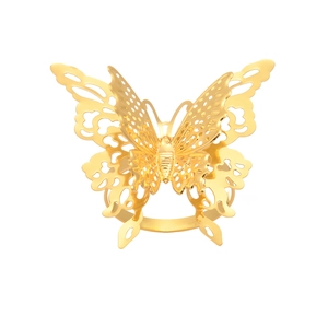 Elegant gold hollow butterfly napkin ring with double-layered wings on white background