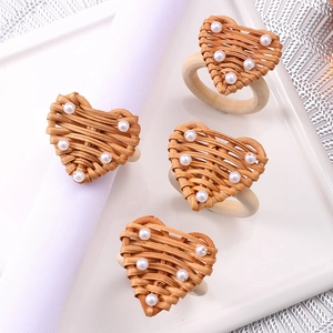 Heart Shaped Napkin Ring Rattan Woven With Faux Artificial Pearl And Wooden Base Handmade Rustic Table Decor Dinner Wedding
