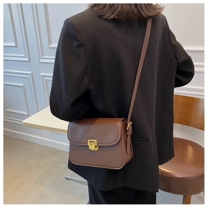 Detail of vintage dark brown crossbody bag with gold metal buckle on a model wearing black suit