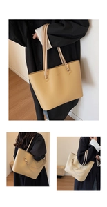 Vues détaillées d'un sac cabas beige minimaliste montrant la texture, le logo et l'anse