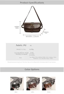Size chart showing 23x14x7cm dimensions and PU material specs for the crossbody bag
