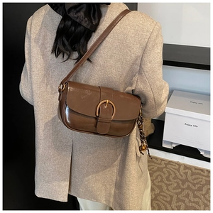 Detail of dark brown leather underarm bag with gold horseshoe buckle and silk scarf