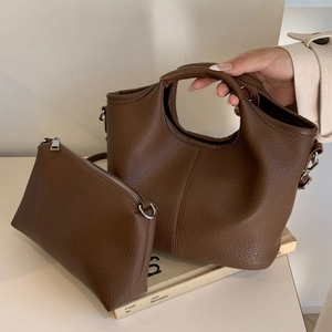 Women Bucket Bag And Pouch PU Leather Lychee Pattern Crossbody Shoulder Handbag Minimalist Retro Daily Elegant Style
