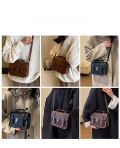 Collage of chic retro crossbody bags in various colors shown on a model for style