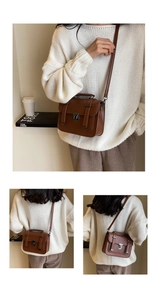 Brown vintage faux leather crossbody bag worn by a model in a minimalist daily outfit