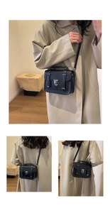 Three-way view of a black vintage messenger bag with metal buckle and shoulder strap