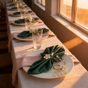 Detailaufnahme eines goldenen Serviettenrings mit Perlen und Blumen für die Hochzeit