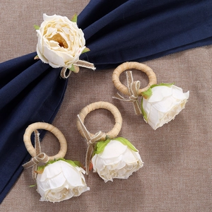 Rustic White Rose Napkin Ring Hand Woven Straw Napkin Holder With Artificial Flower For Wedding Valentine Table Decoration