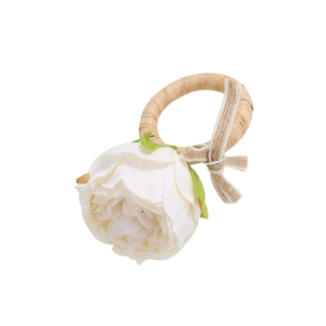 Handwoven napkin ring with white silk rose and raffia band for wedding table decor