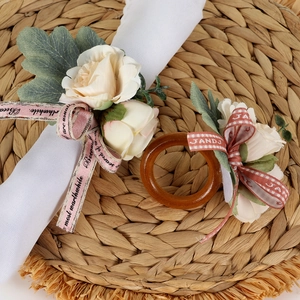 Elegant rose napkin rings with wood buckle and ribbon for romantic table decor