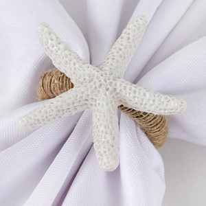 Starfish napkin ring with white textured starfish and natural jute rope loop for weddings