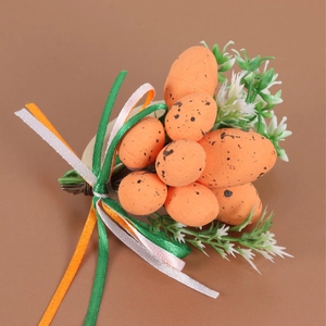 Detail of Easter napkin ring with orange speckled eggs, wooden ring and silk ribbons