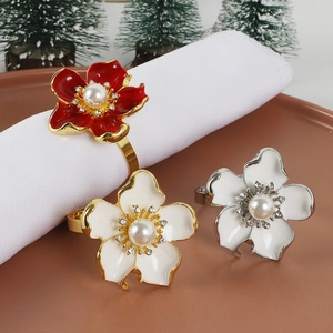 Flower Napkin Rings Alloy Rhinestone Artificial Pearl Enamel Napkin Buckles For Wedding Christmas Banquet Table Decor